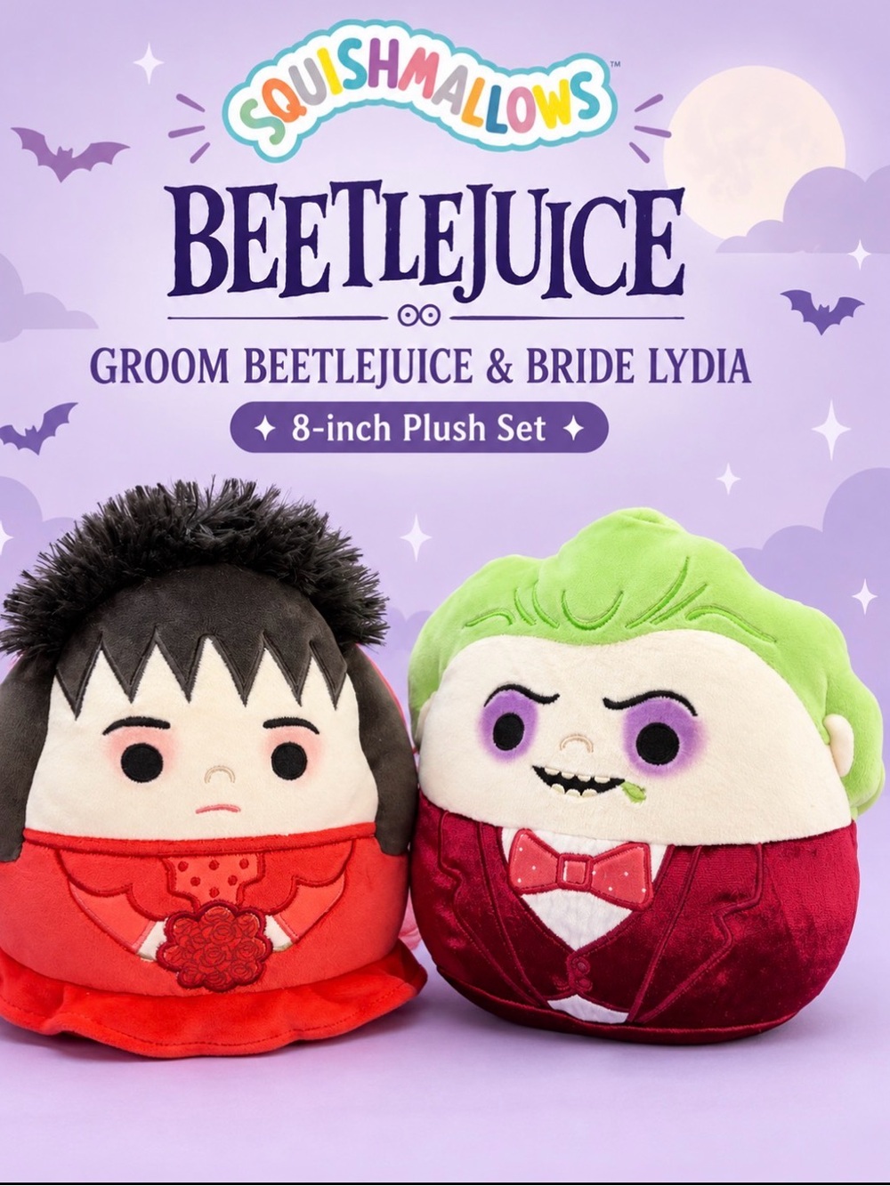 Beetlejuice Halloween 8" Squishmallows GROOM BEETLEJUICE & BRIDE LYDIA Plush Set